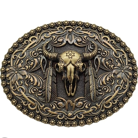 Native American feather longhorn steer belt buckle - Picture 1 of 3